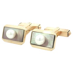 Mikimoto 14k Gold Top Quality Pearl & Mother Of Pearl Rectangular Cufflinks