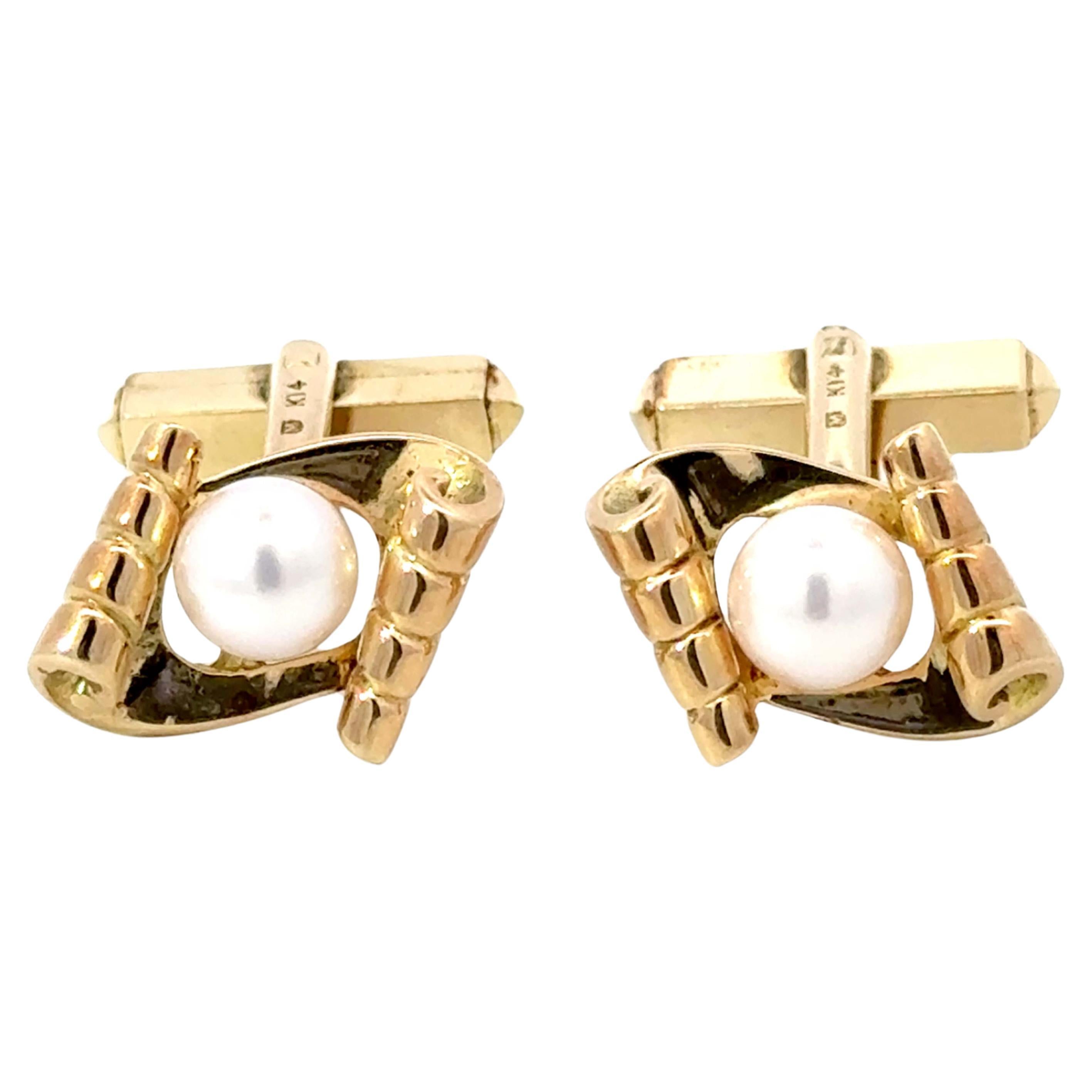 Mikimoto 14k Yellow Gold Pearl Cuff Links