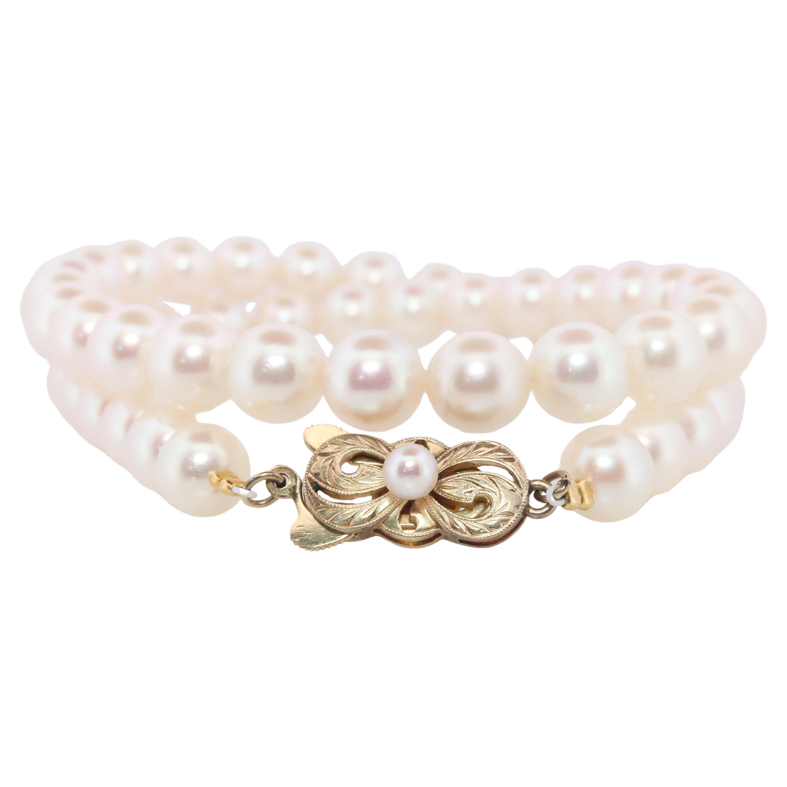 MIKIMOTO 14k Yellow Gold Pearl Necklace. 7mm Pearls 15.5in Necklace. en vente