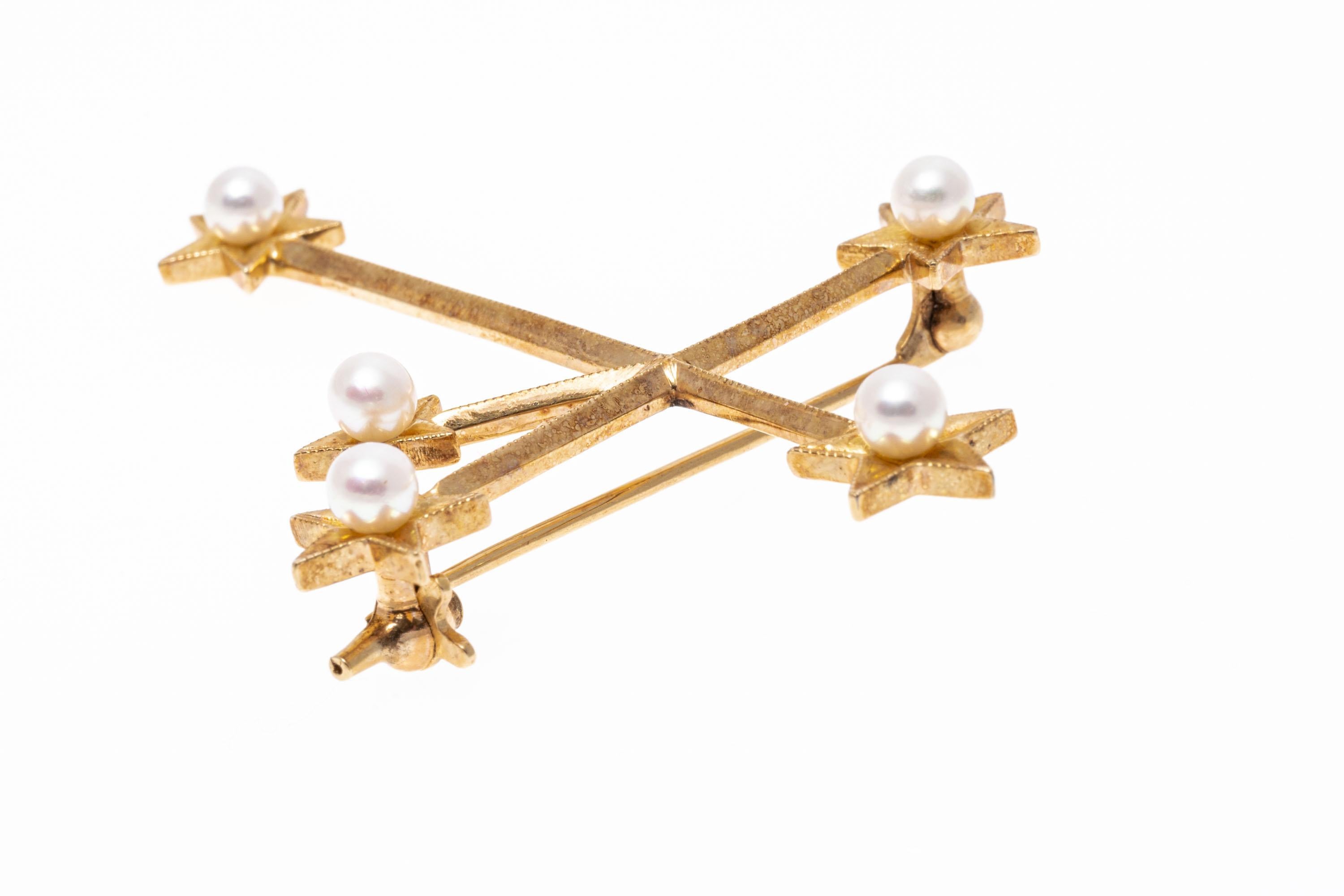 Modern Mikimoto 14k Yellow Gold Southern Cross Constellation Cultured Pearl Brooch For Sale