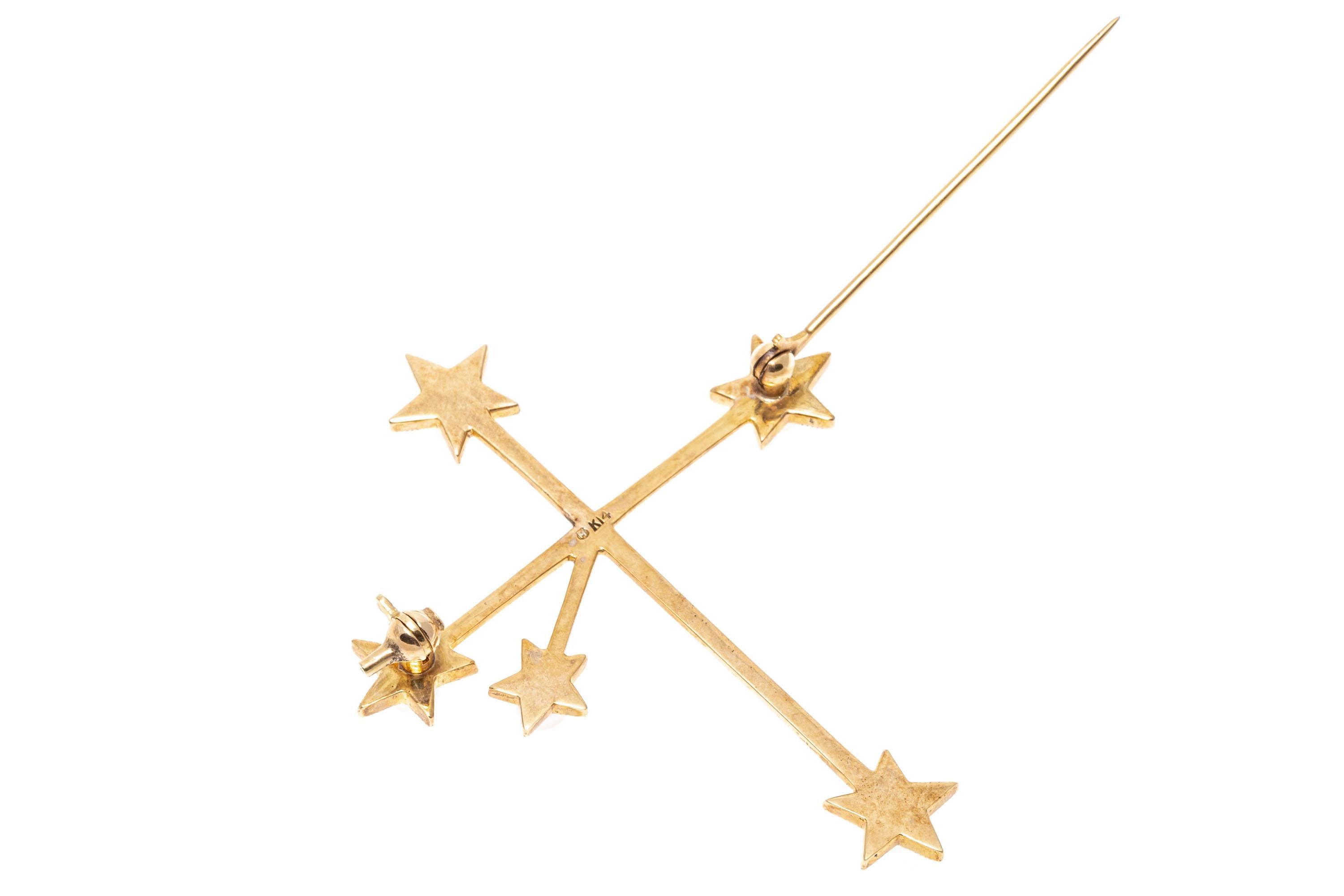 Round Cut Mikimoto 14k Yellow Gold Southern Cross Constellation Cultured Pearl Brooch For Sale