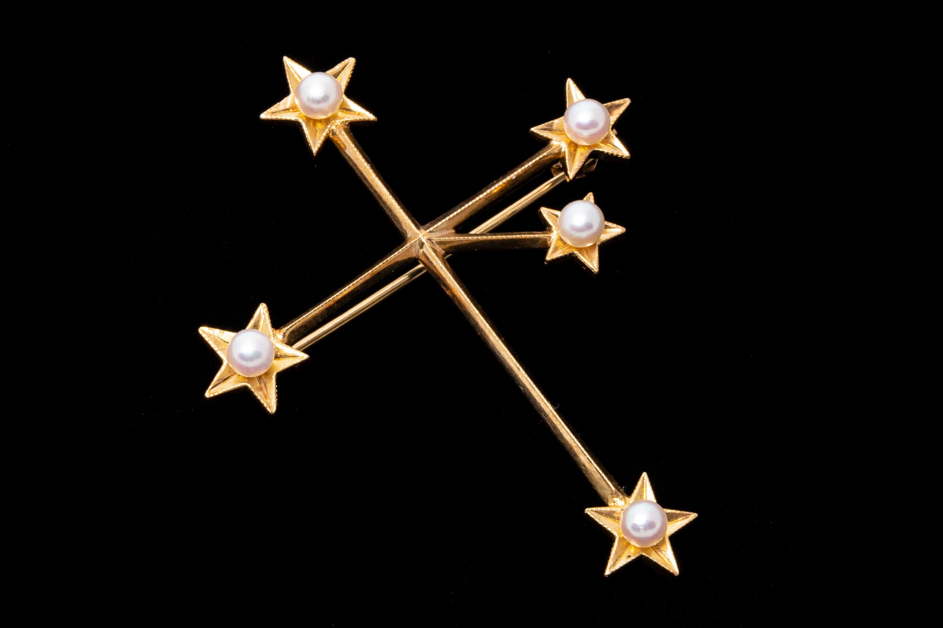 Mikimoto 14k Yellow Gold Southern Cross Constellation Cultured Pearl Brooch For Sale 1