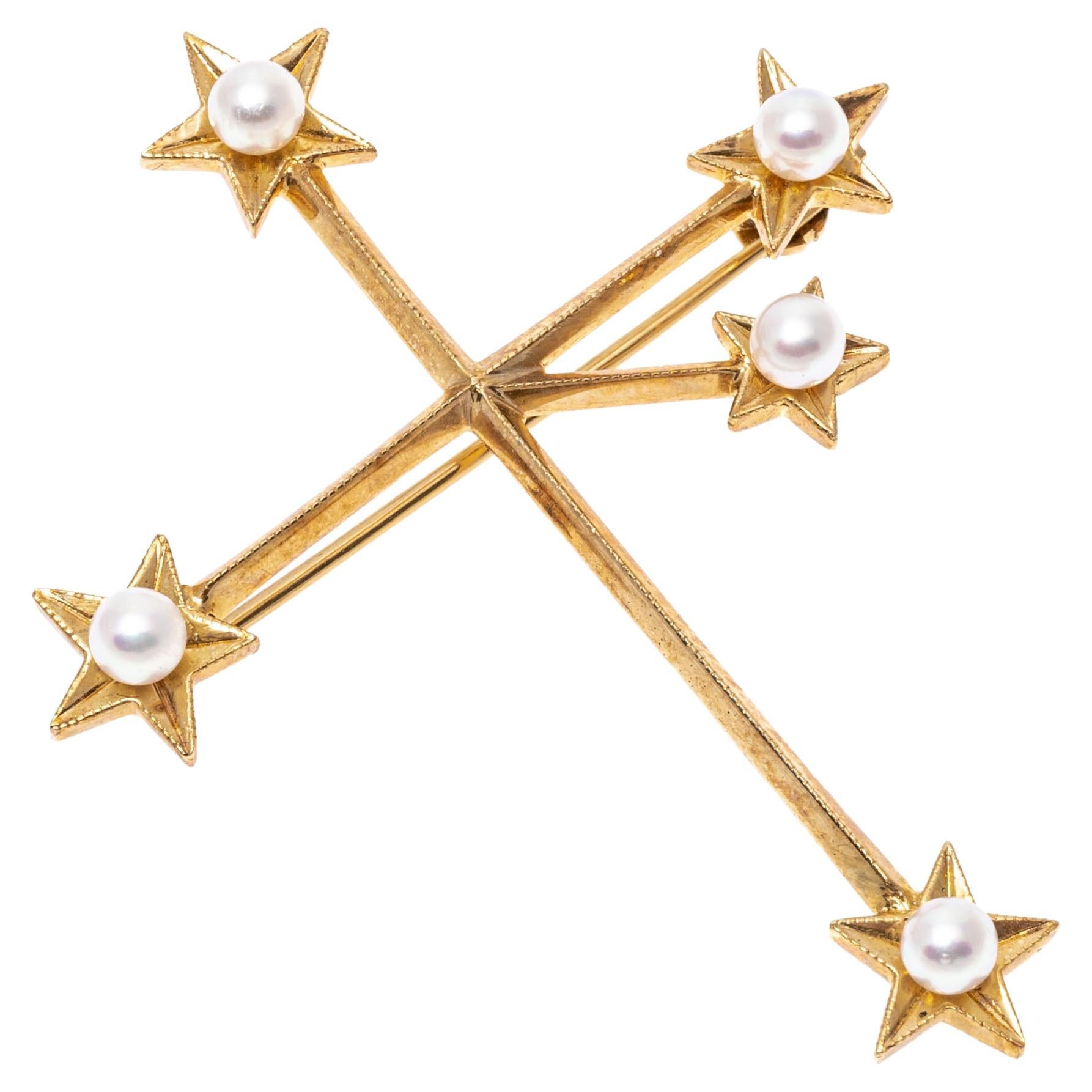 Mikimoto 14k Yellow Gold Southern Cross Constellation Cultured Pearl Brooch For Sale