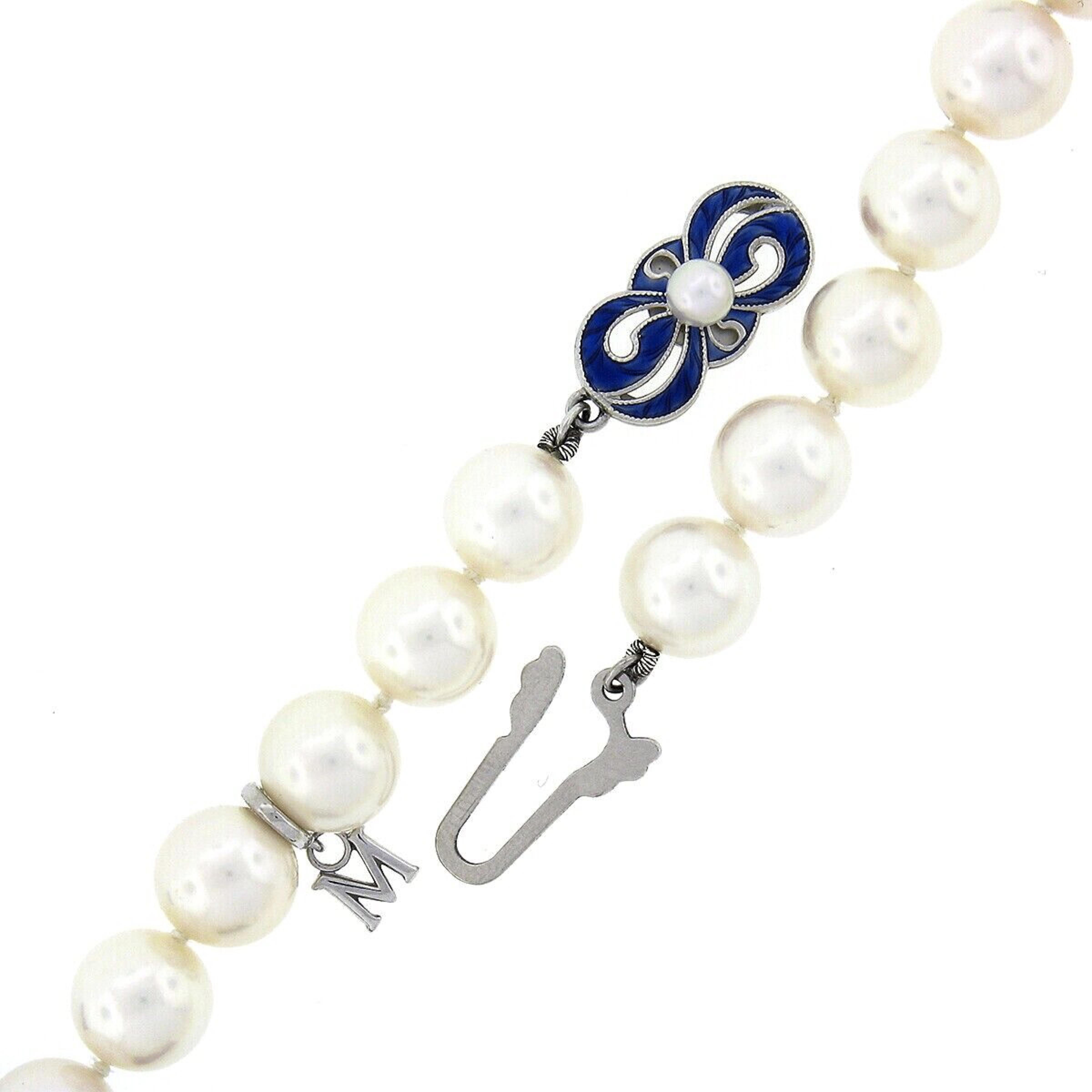 Round Cut Mikimoto Fine Pearl Strand Necklace & 18K Gold Blue Enamel Clasp