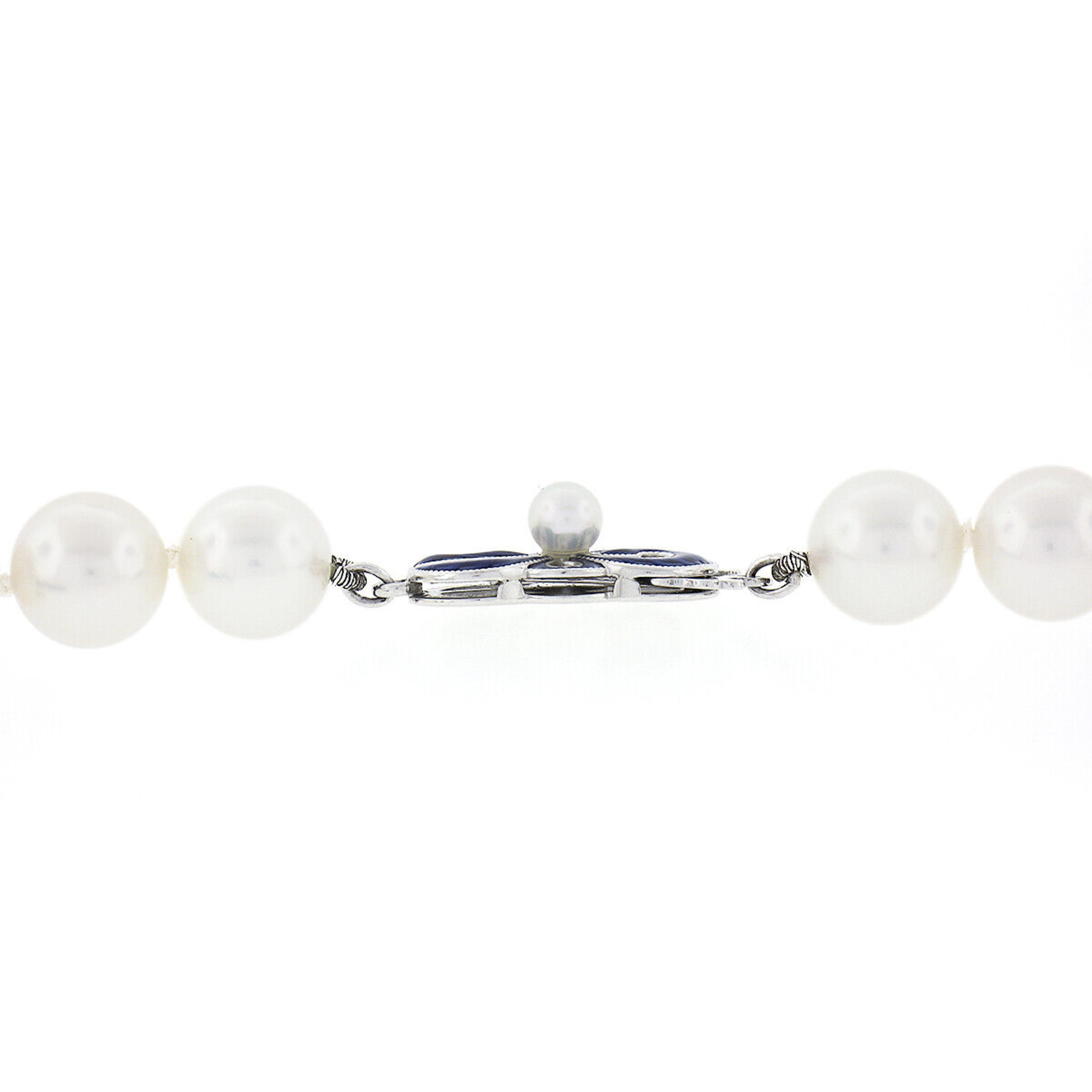 Mikimoto Fine Pearl Strand Necklace & 18K Gold Blue Enamel Clasp In Excellent Condition In Montclair, NJ