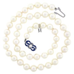 Mikimoto Fine Pearl Strand Necklace & 18K Gold Blue Enamel Clasp