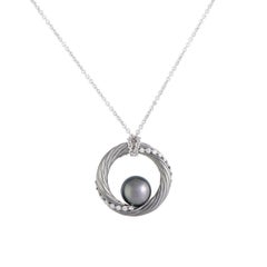 Mikimoto 18 Karat Gold and Black Rhodium Diamond and Black Pearl Circle Pendant