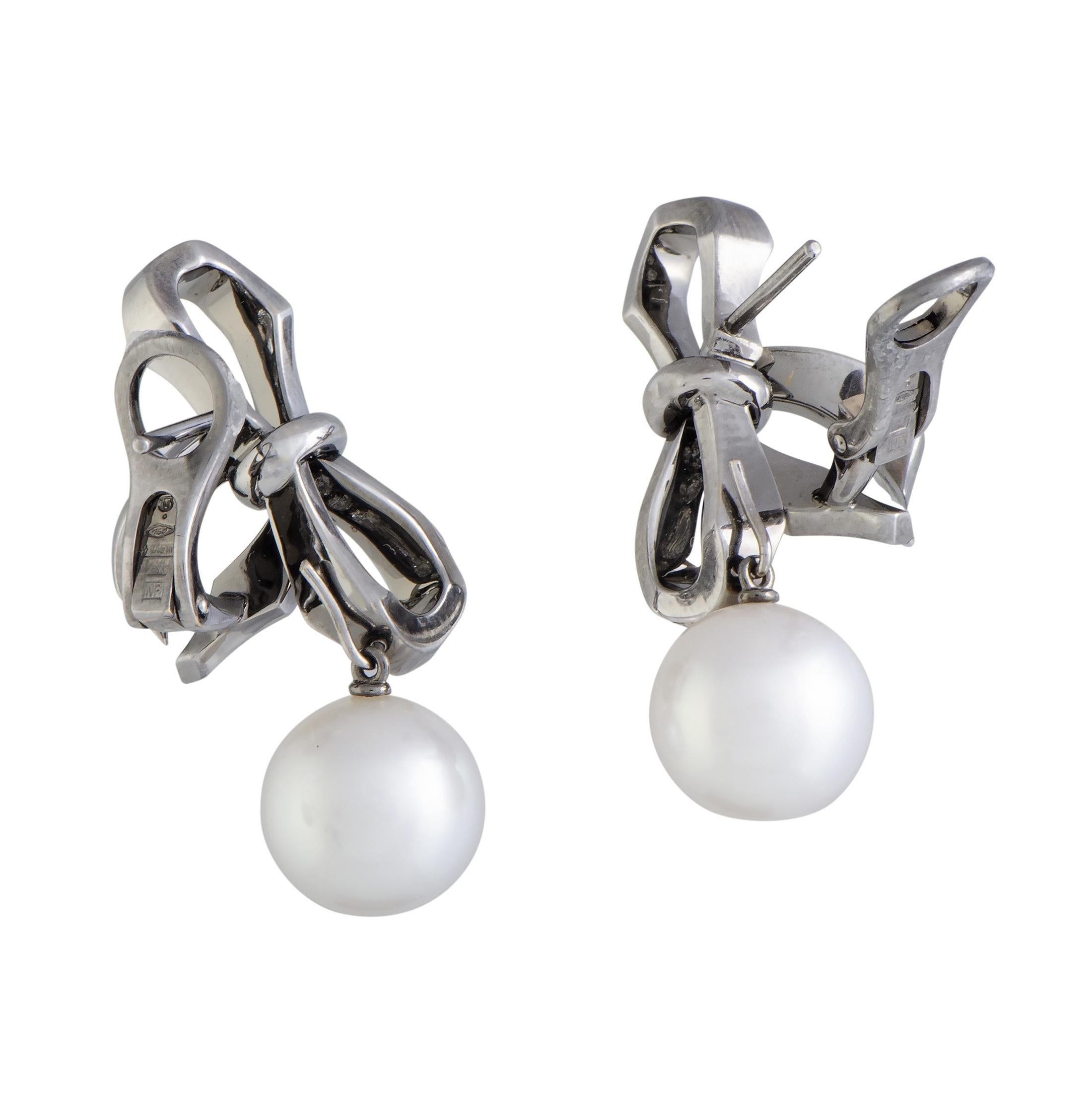 Mikimoto 18 Karat Gold and Black Rhodium Diamond and White Pearl Bow Earrings In Excellent Condition In Southampton, PA