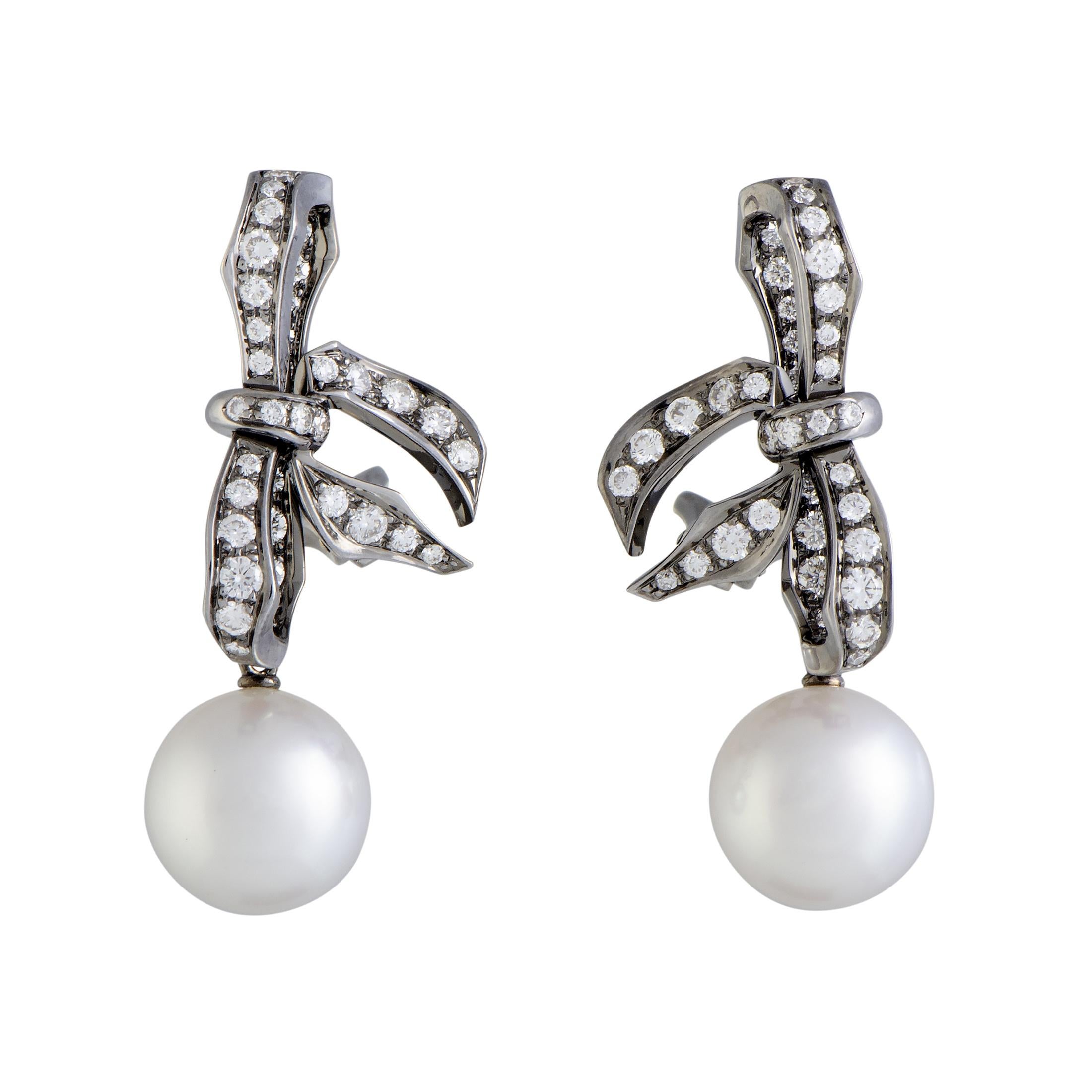 Mikimoto 18 Karat Gold and Black Rhodium Diamond and White Pearl Bow Earrings