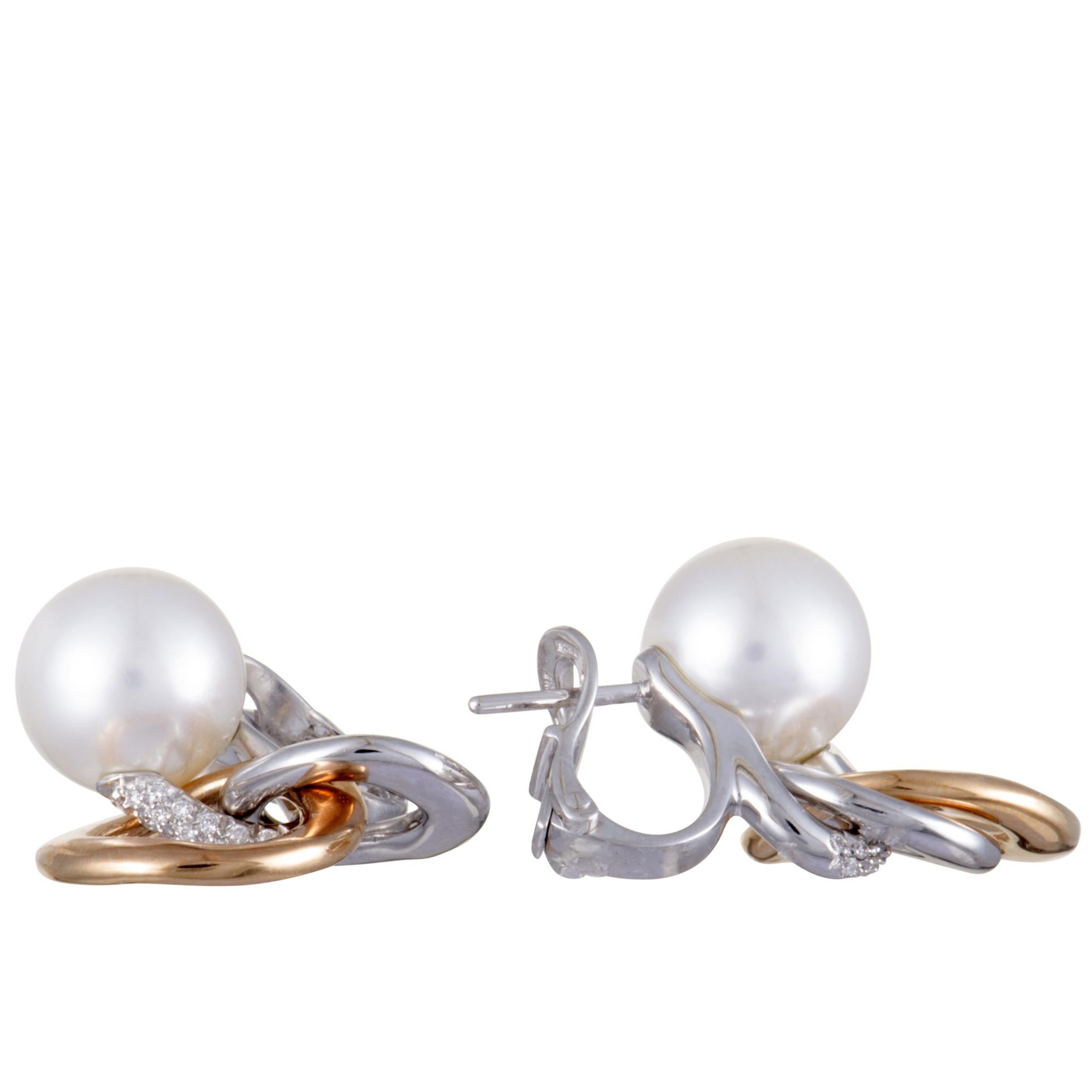 Mikimoto 18 Karat Rose and White Gold Diamond and White Pearl Circle Earrings In Excellent Condition In Southampton, PA