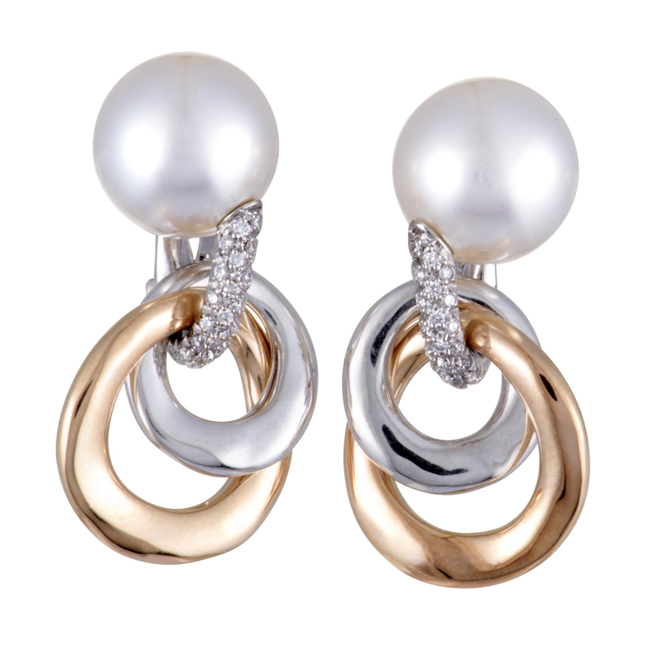 Mikimoto 18 Karat Rose and White Gold Diamond and White Pearl Circle Earrings