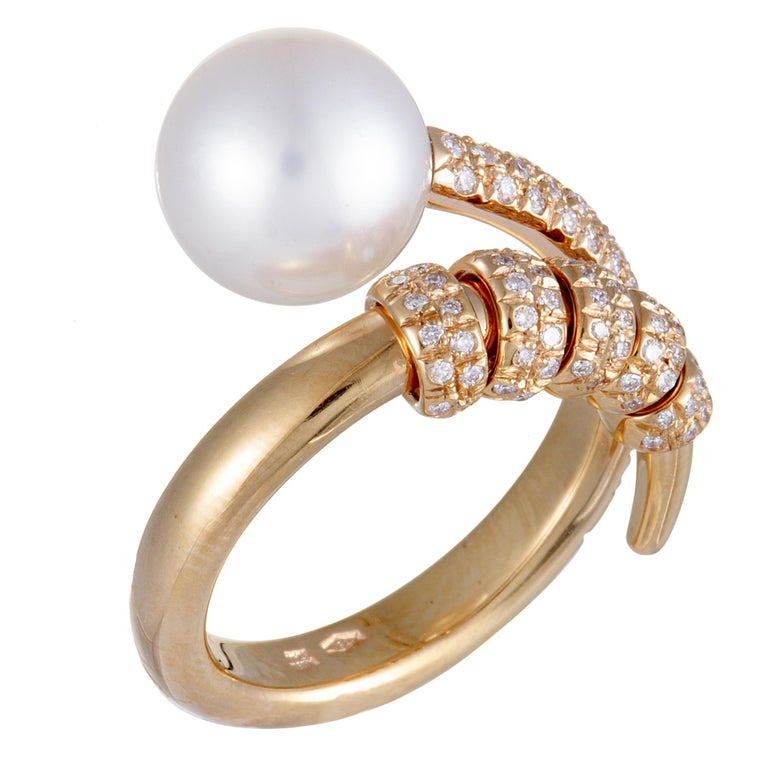Mikimoto 18 Karat Rose Gold Diamond and White Pearl Ring at 1stDibs