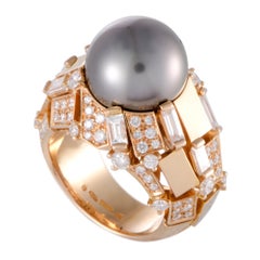 Mikimoto 18 Karat Rose Gold Diamonds and Black Pearl Ring