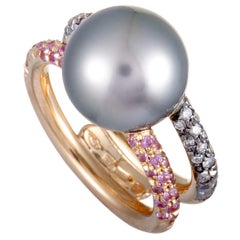 Mikimoto 18 Karat Rose Gold Grey Diamond, Pink Sapphire and Black Pearl Ring