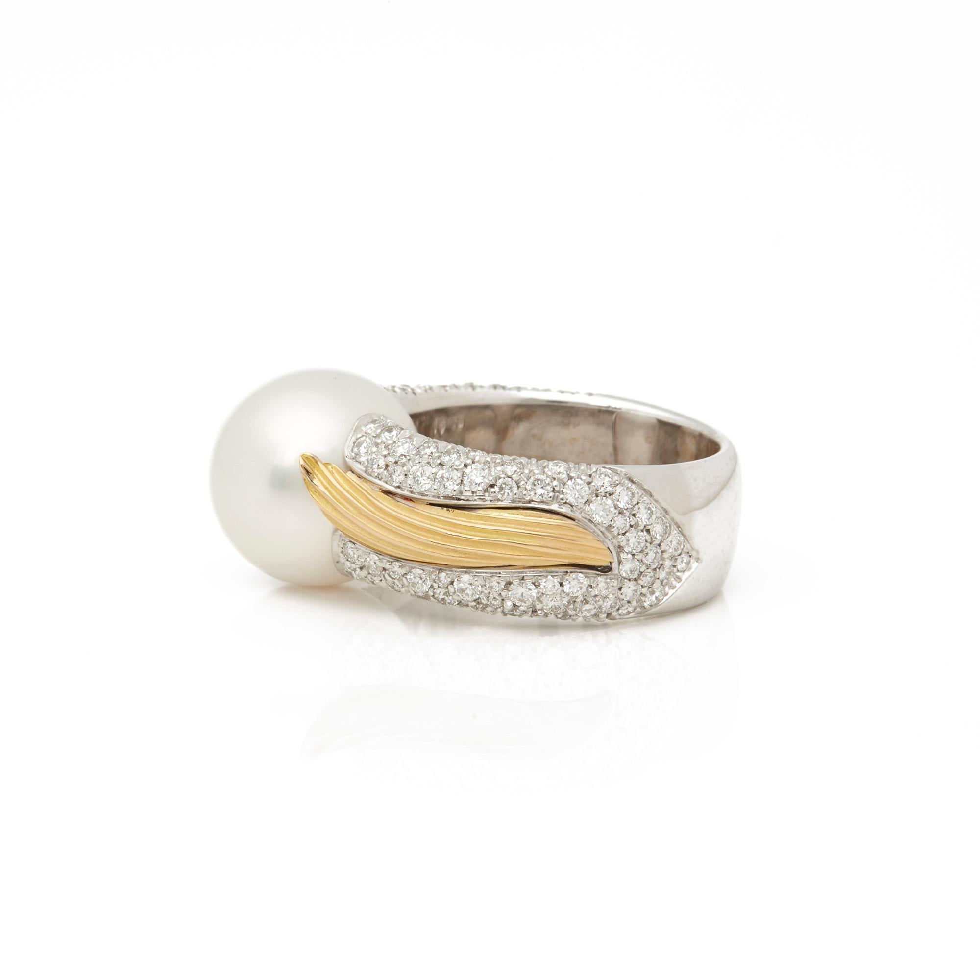 Round Cut Mikimoto 18 Karat White and Yellow Gold Akoya Pearl and Diamond Cocktail Ring