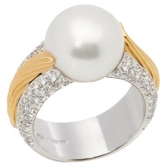 Mikimoto 18 Karat White and Yellow Gold Akoya Pearl and Diamond Cocktail Ring