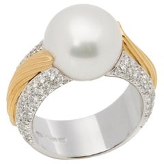 Mikimoto 18 Karat White and Yellow Gold Akoya Pearl and Diamond Cocktail Ring