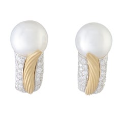 Mikimoto 18 Karat White and Yellow Gold Diamond and White Pearl Earrings