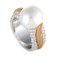 Mikimoto 18 Karat White and Yellow Gold Diamond and White Pearl Ring