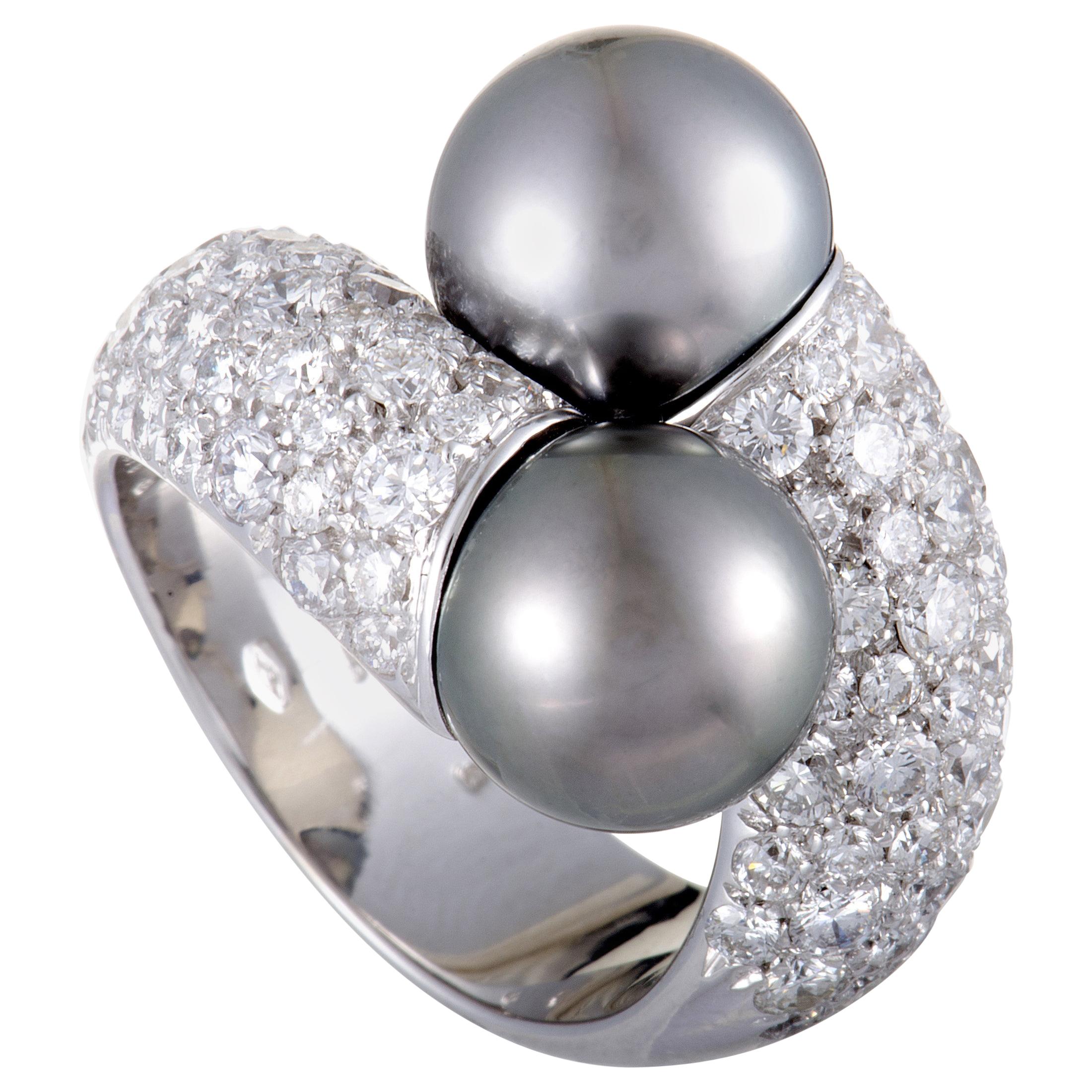 Mikimoto 18 Karat White Gold 2.80 Carat Diamond and Two Black Pearls Bypass Ring