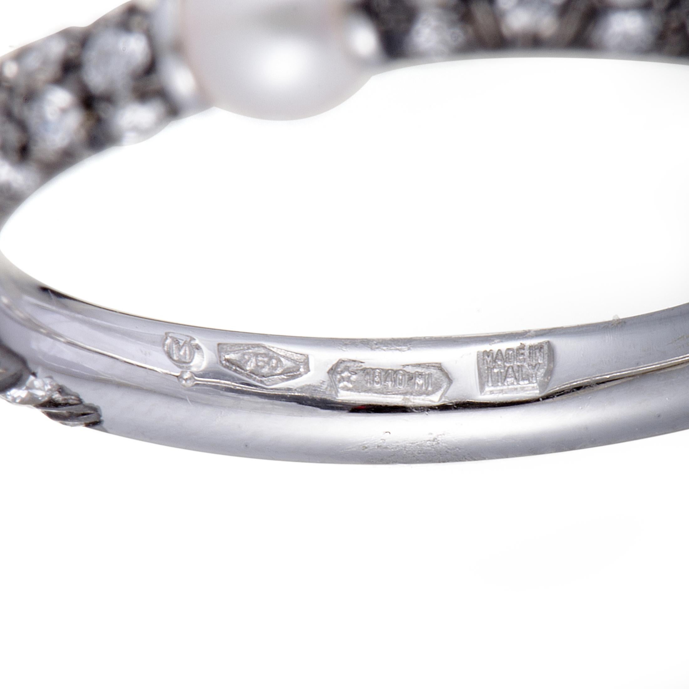 Mikimoto 18 Karat White Gold and Black Rhodium Diamond and Akoya Pearl Band In Excellent Condition In Southampton, PA