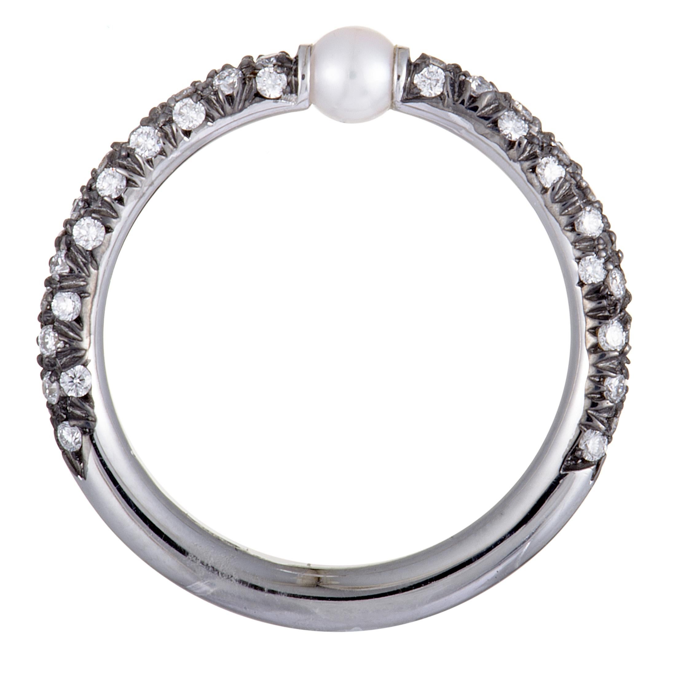 Women's Mikimoto 18 Karat White Gold and Black Rhodium Diamond and Akoya Pearl Band