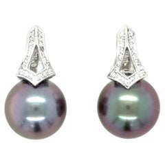 Mikimoto, 18 Karat White Gold, Cultured South Sea Pearl and Dianond Earrings