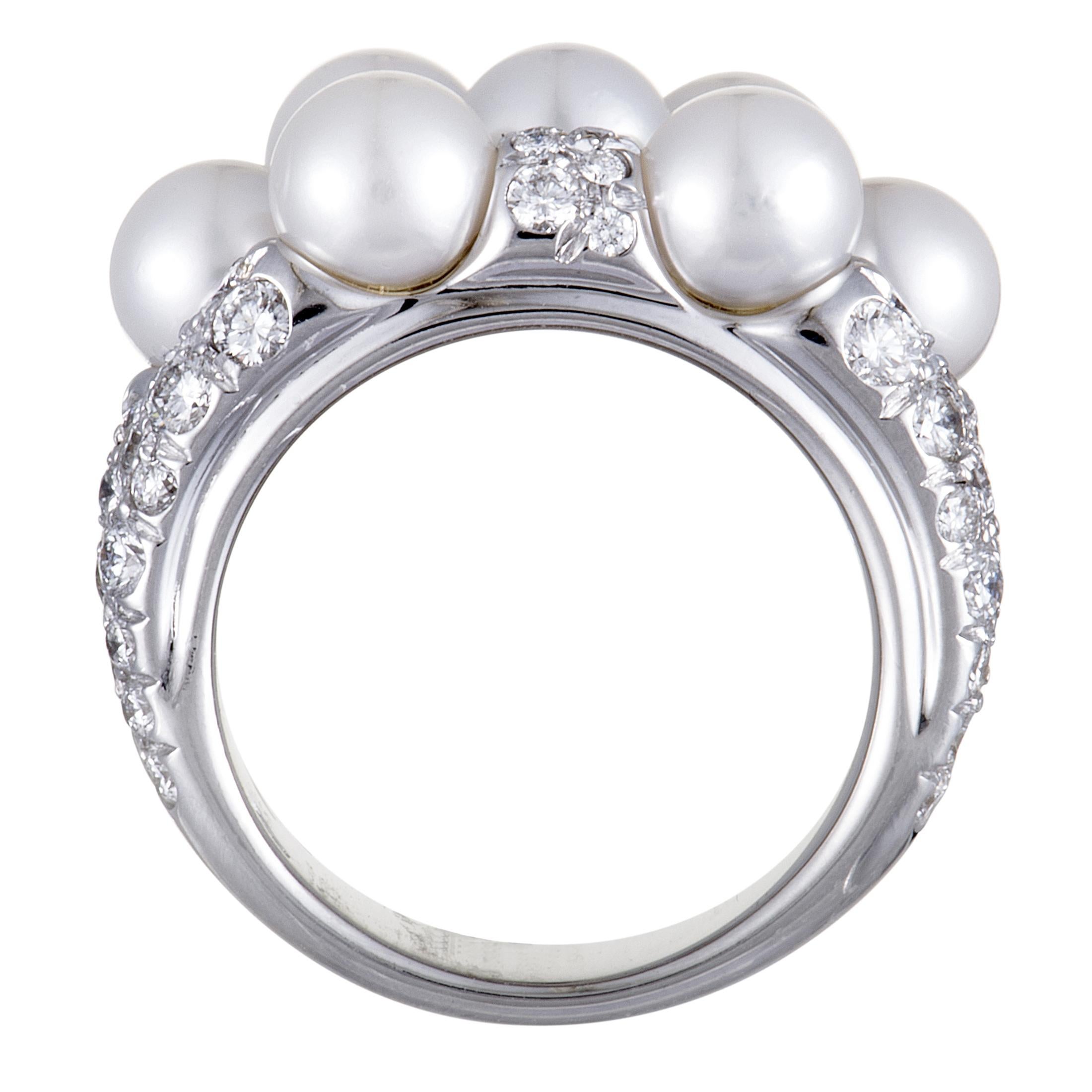 Women's Mikimoto 18 Karat White Gold Diamond and 7 Akoya Pearls Ring