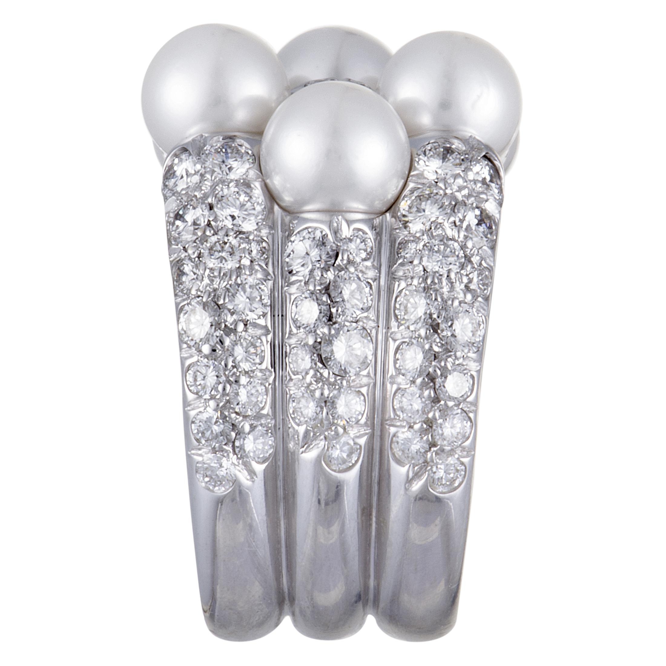 Mikimoto 18 Karat White Gold Diamond and 7 Akoya Pearls Ring 1