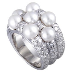 Mikimoto 18 Karat White Gold Diamond and 7 Akoya Pearls Ring