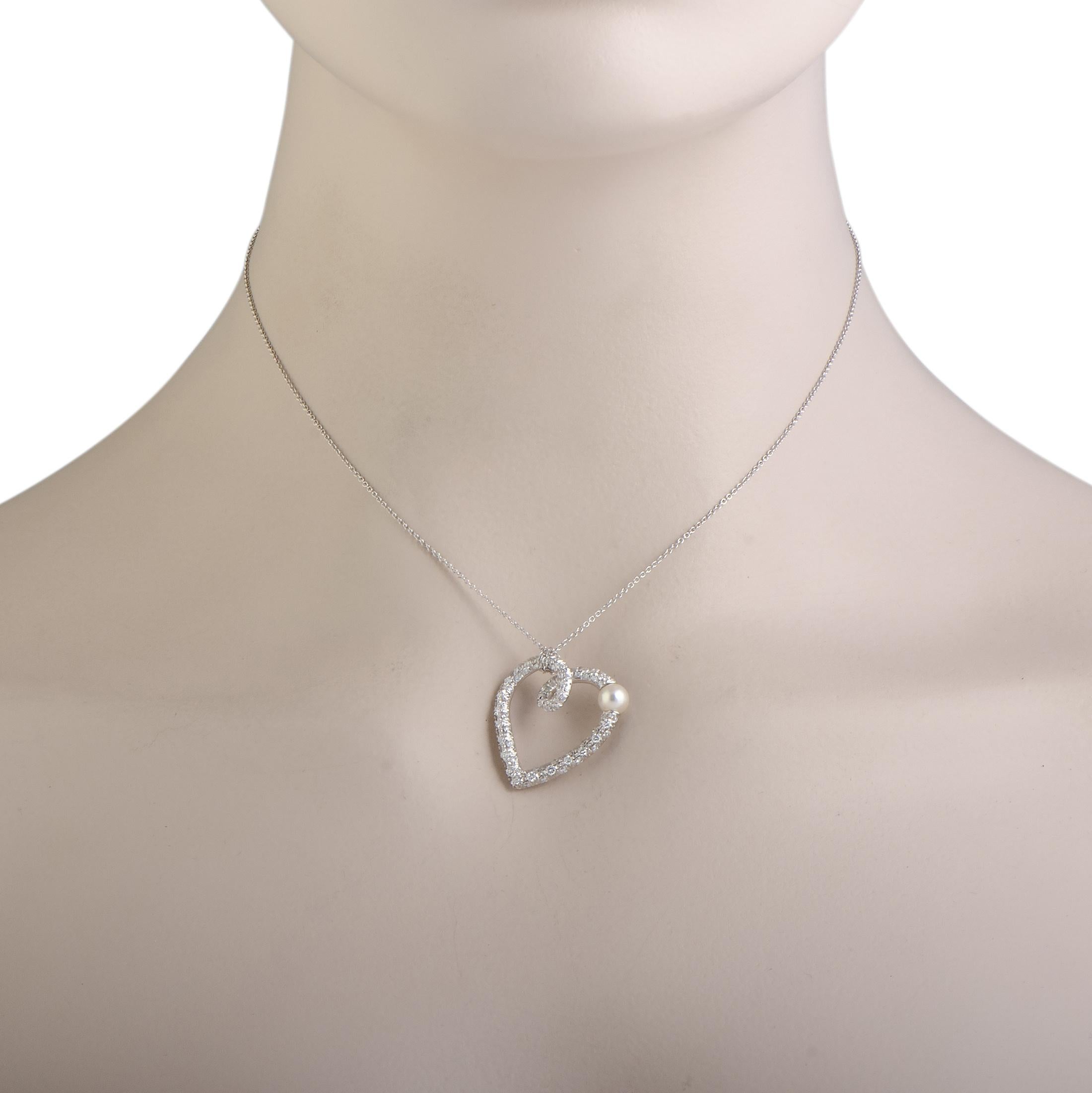 This classy necklace by Mikimoto is fashionably designed in 18K white gold. Its adorable heart-shaped pendant is embellished with 0.85ct of sparkling diamonds and an elegant pearl of 5-8.5 mm that elevates the beauty of the gorgeous piece.