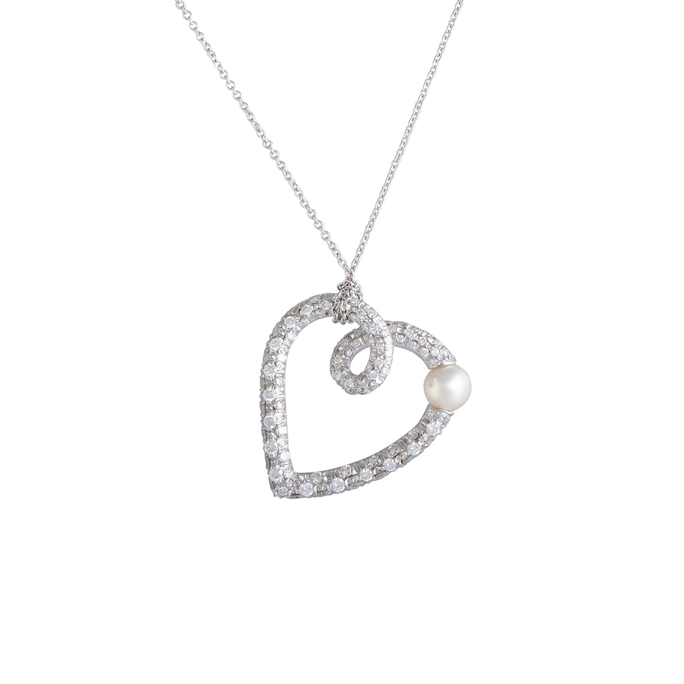 Mikimoto 18 Karat White Gold Diamond and Akoya Pearl Heart Pendant