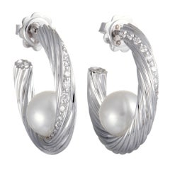 Mikimoto 18 Karat White Gold Diamond and Akoya Pearl Hoop Push Back Earring