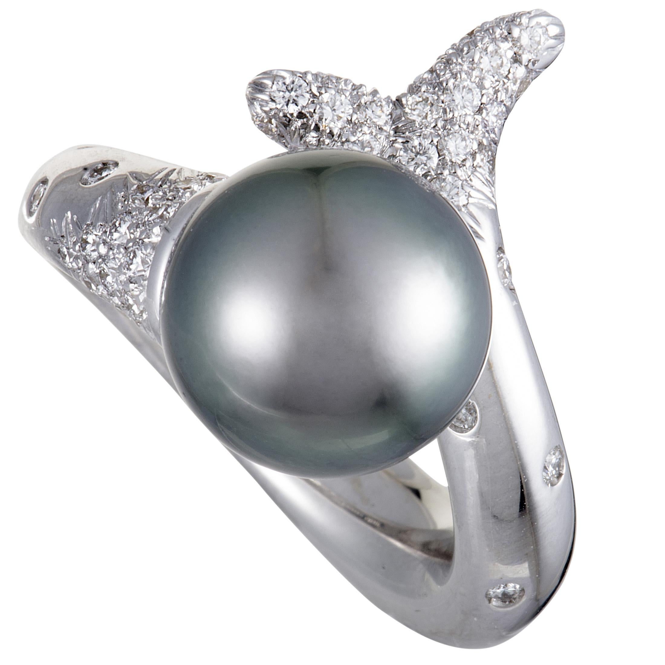 Mikimoto 18 Karat White Gold Diamond and Black Pearl Bypass Ring 1