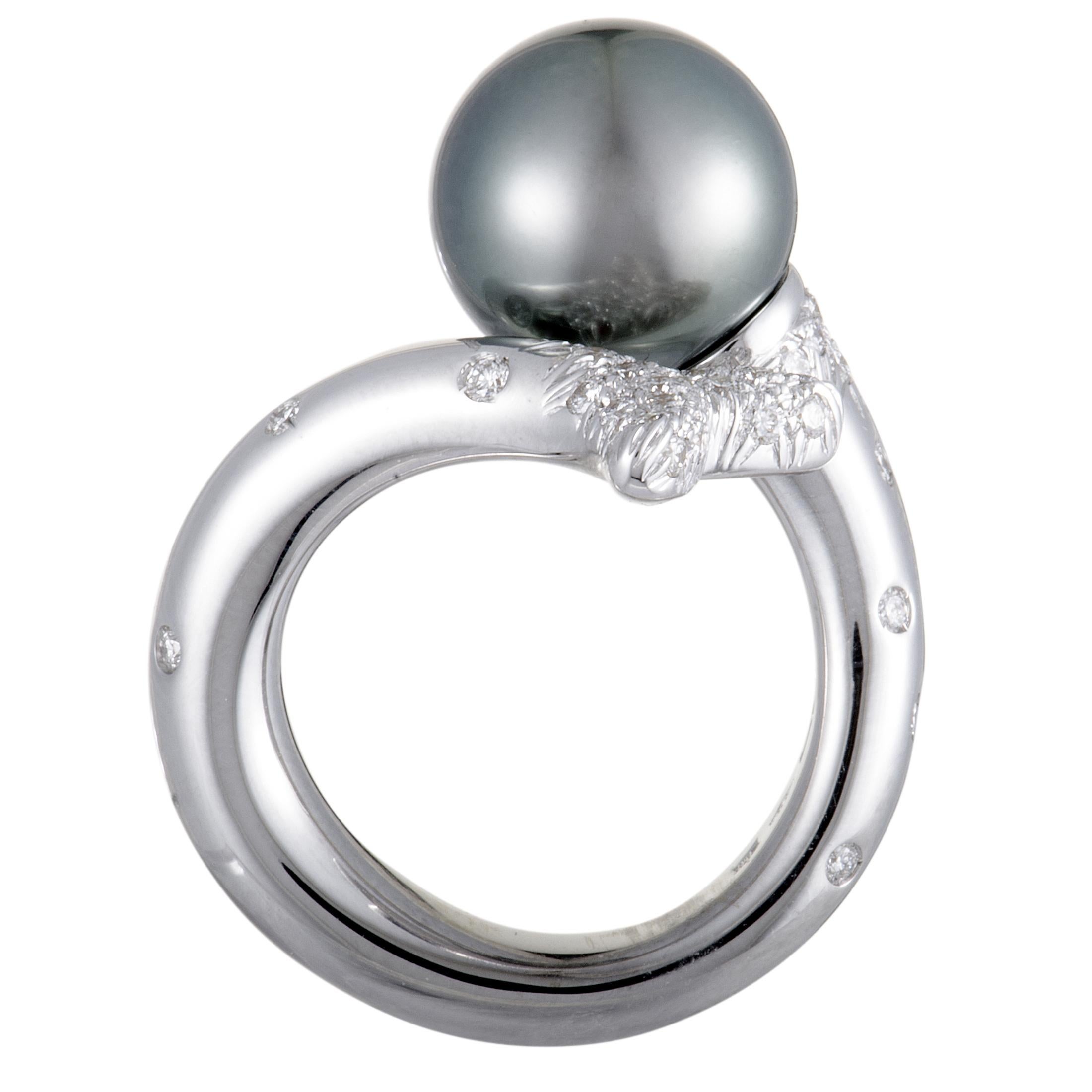 Mikimoto 18 Karat White Gold Diamond and Black Pearl Bypass Ring 2