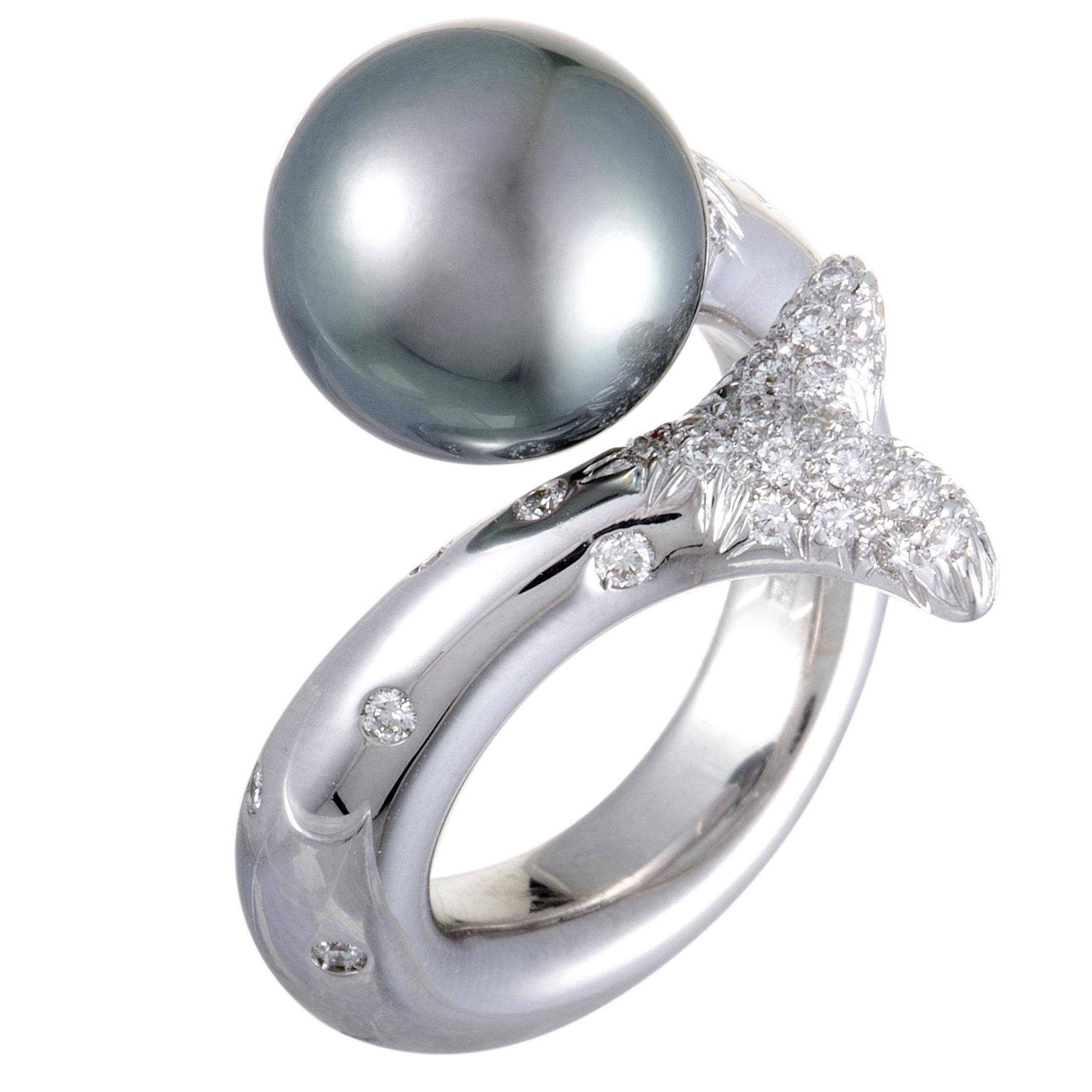 Mikimoto 18 Karat White Gold Diamond and Black Pearl Bypass Ring