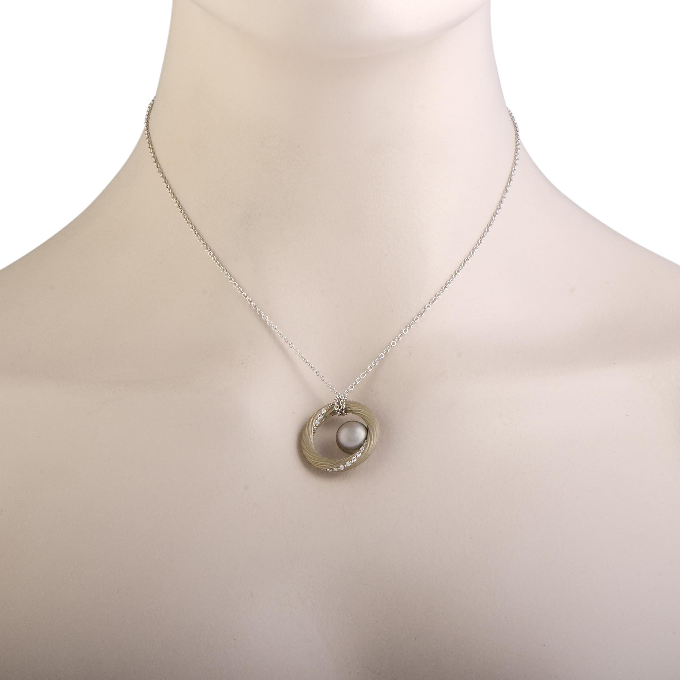 Mikimoto 18 Karat White Gold Diamond and Black Pearl Circle Pendant In Excellent Condition In Southampton, PA