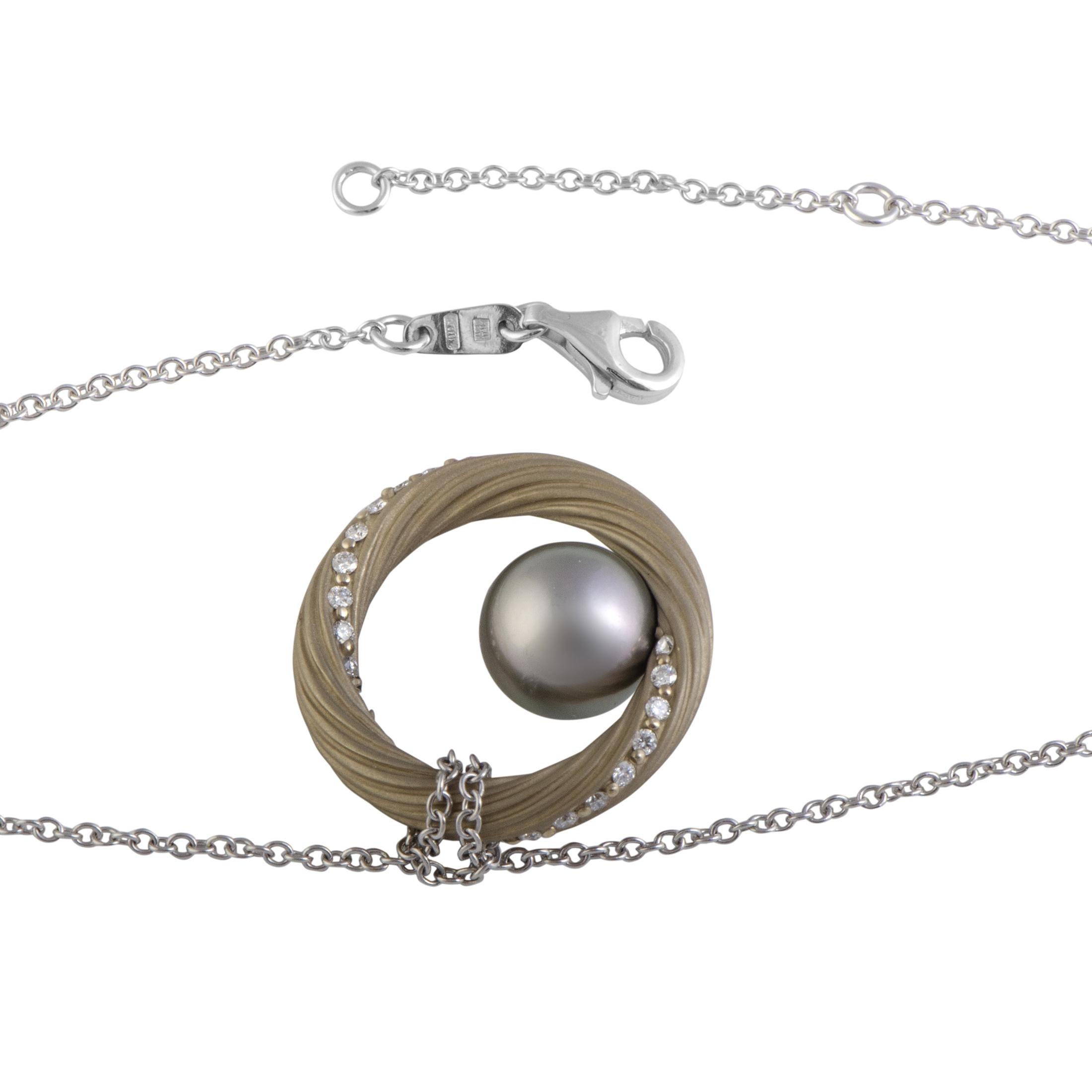 Women's Mikimoto 18 Karat White Gold Diamond and Black Pearl Circle Pendant