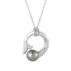 Mikimoto 18 Karat White Gold Diamond and Black Pearl Circle Pendant