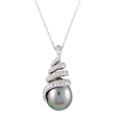 Mikimoto 18 Karat White Gold Diamond and Black Pearl Cone Pendant