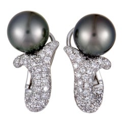 Mikimoto 18 Karat White Gold Diamond and Black Pearl Earrings