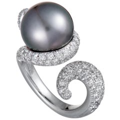 Mikimoto 18 Karat White Gold Diamond and Black Pearl Ring