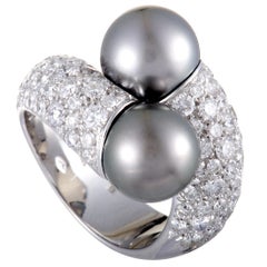 Mikimoto 18 Karat White Gold Diamond and Two Black Pearls Bypass Ring