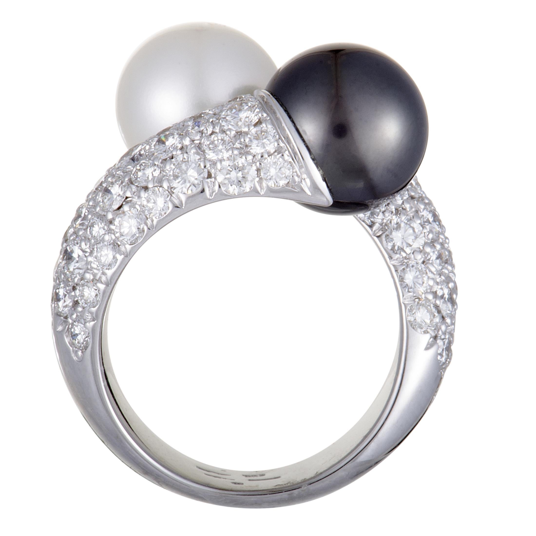 Mikimoto 18 Karat White Gold Diamond and White and Black Pearls Bypass Ring In Excellent Condition In Southampton, PA