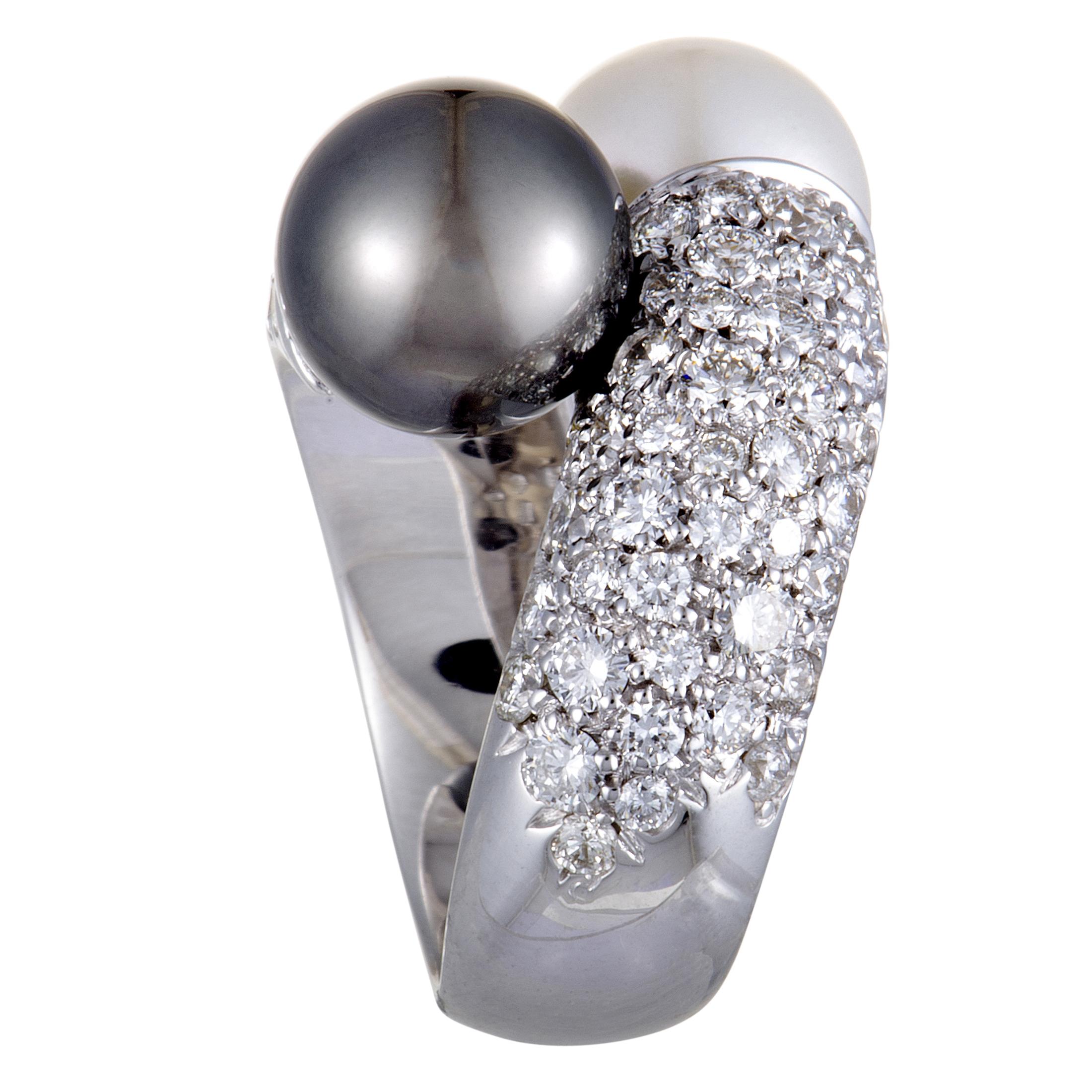 Women's Mikimoto 18 Karat White Gold Diamond and White and Black Pearls Bypass Ring