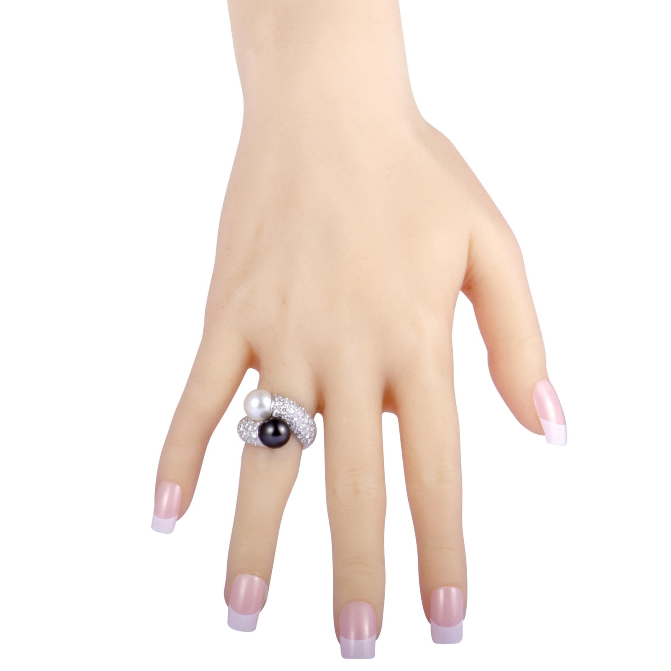 Mikimoto 18 Karat White Gold Diamond and White and Black Pearls Bypass Ring 1