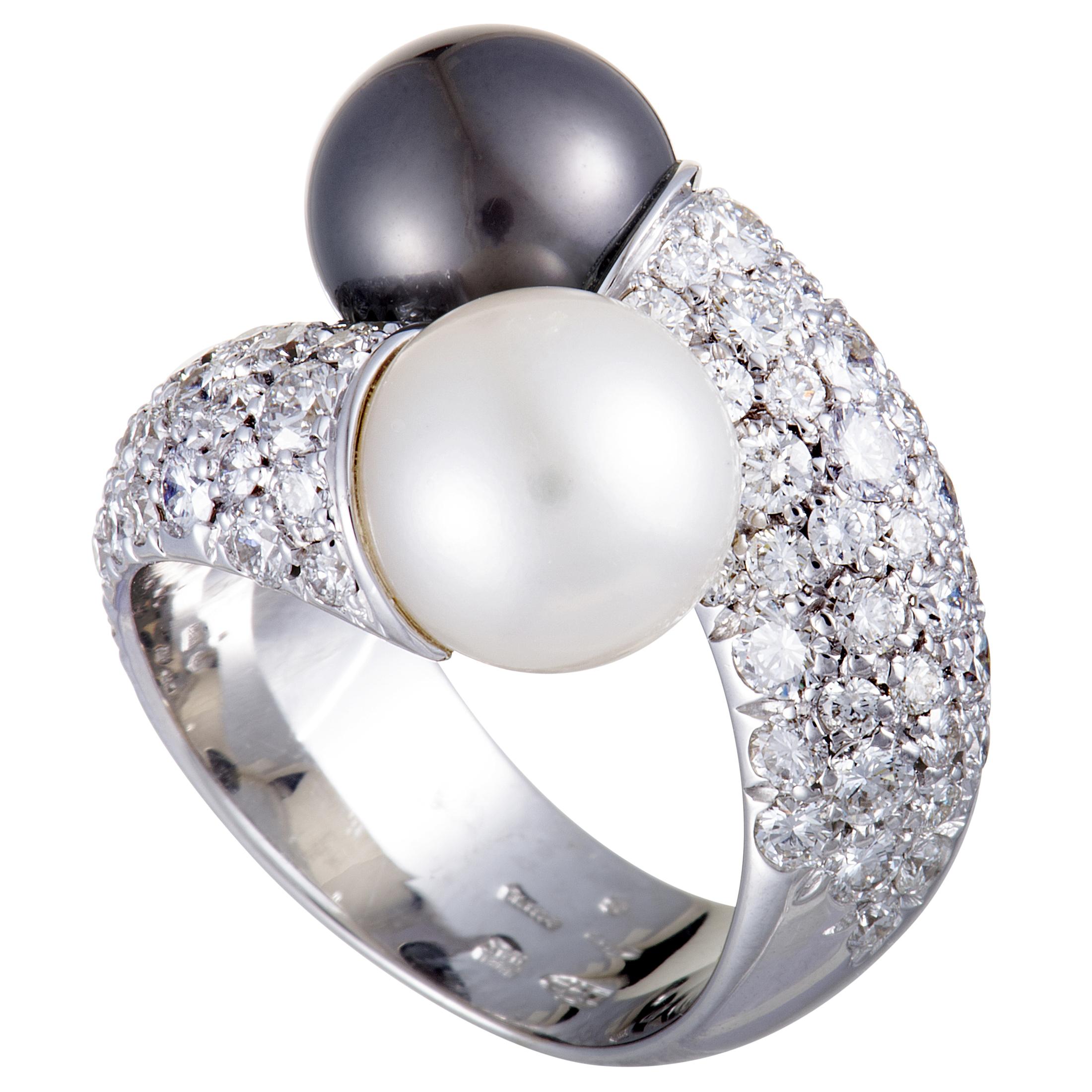 Mikimoto 18 Karat White Gold Diamond and White and Black Pearls Bypass Ring