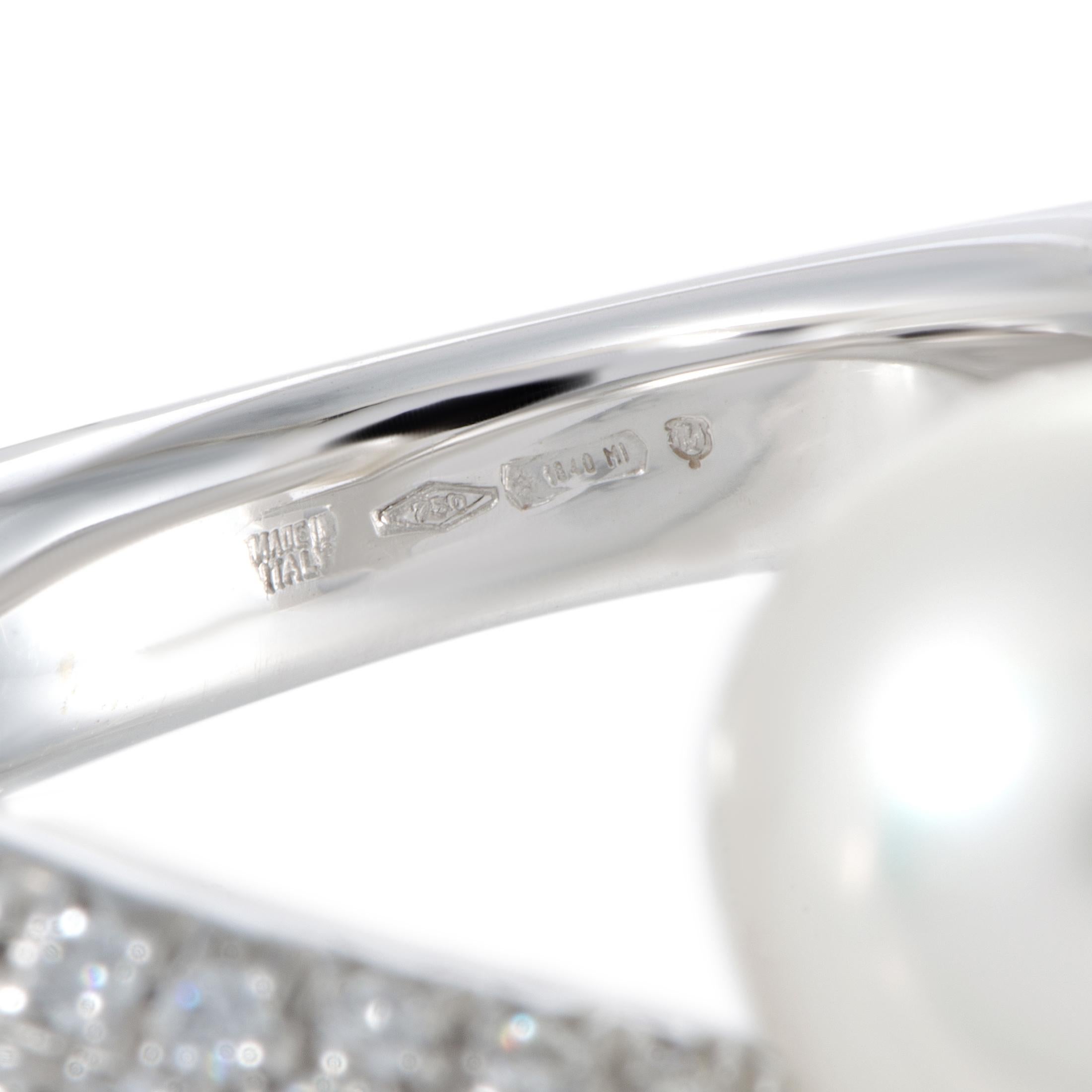Mikimoto 18 Karat White Gold Diamond and White Pearl Bypass Ring In Excellent Condition In Southampton, PA
