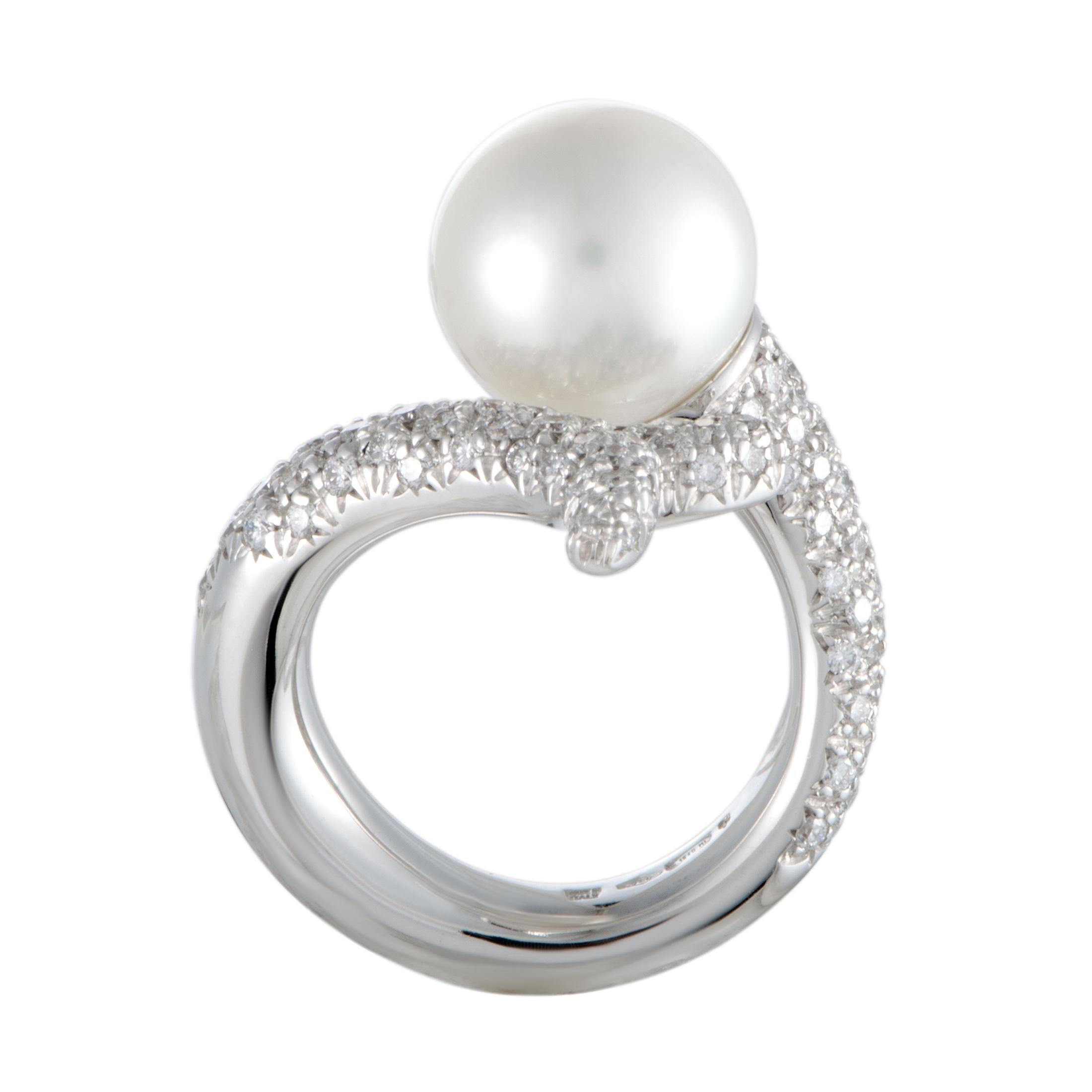 Women's Mikimoto 18 Karat White Gold Diamond and White Pearl Bypass Ring