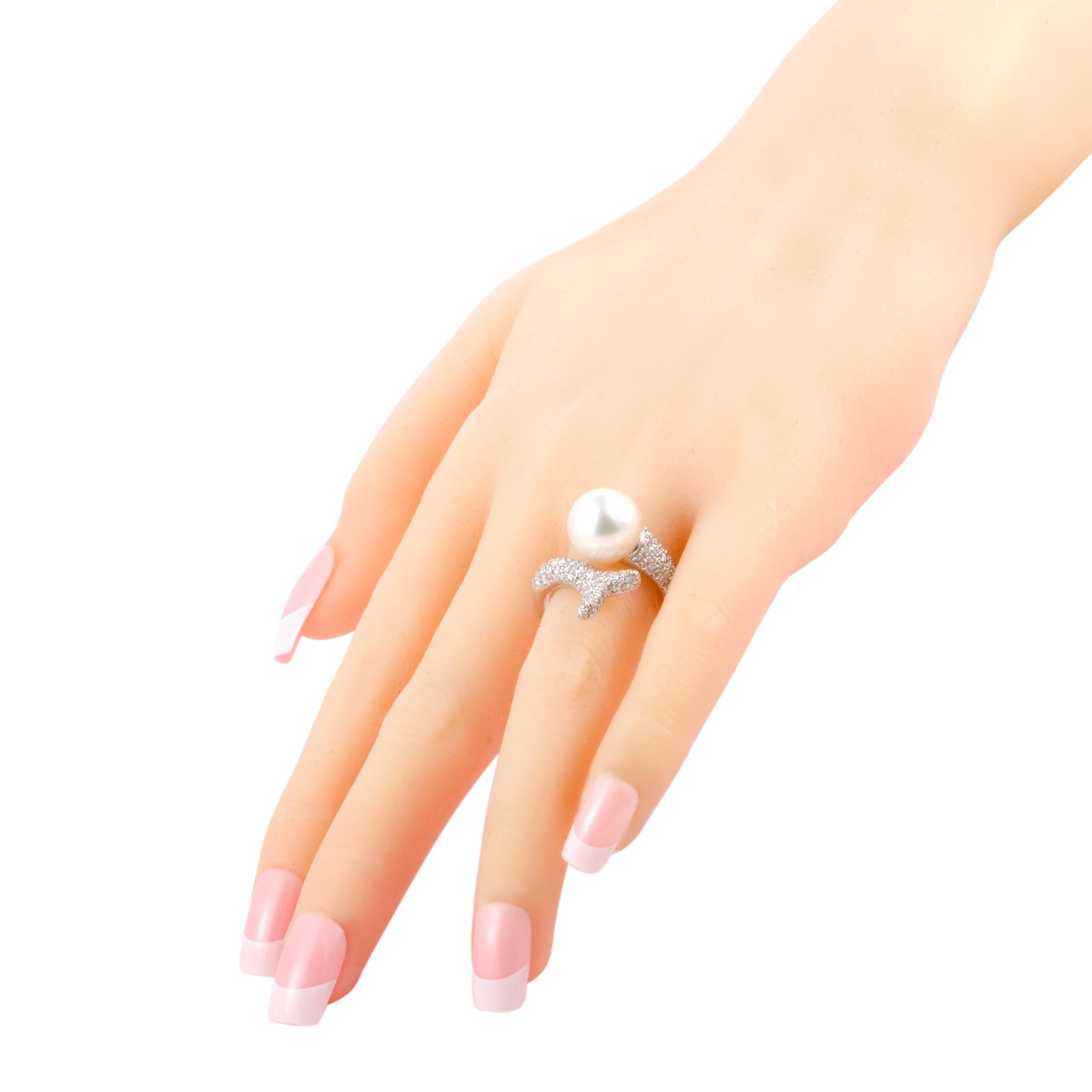 Mikimoto 18 Karat White Gold Diamond and White Pearl Bypass Ring 1